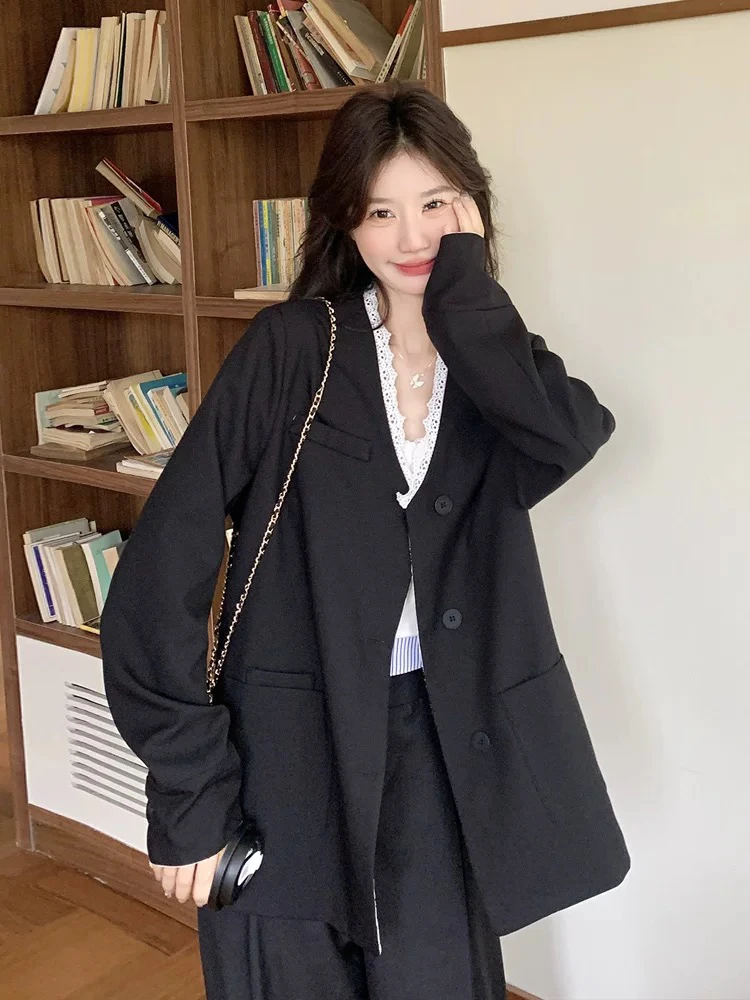 2025黑色蕾丝拼接款西服外套女韩系气质时尚百搭