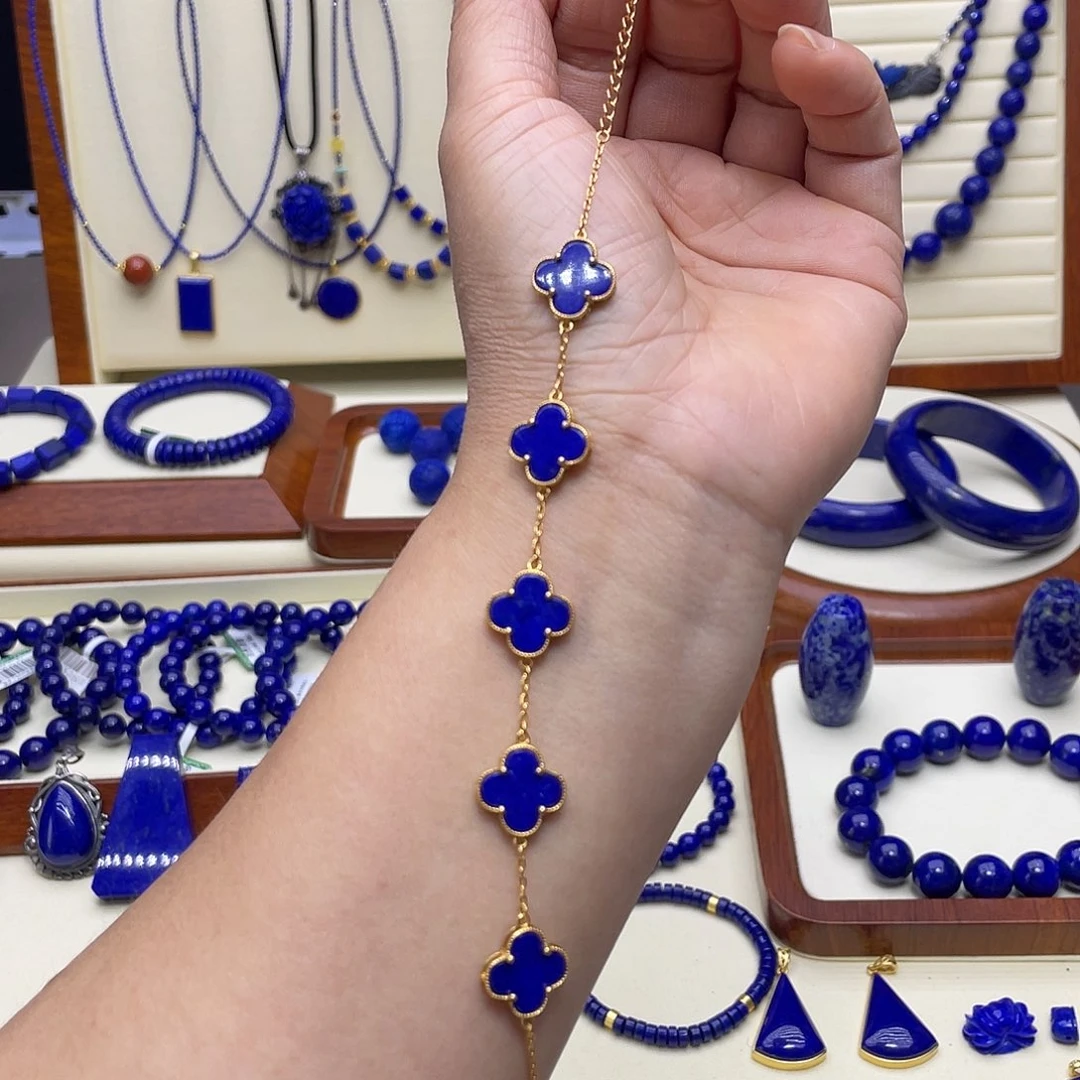 青金石银S925镀金镶嵌五花手链