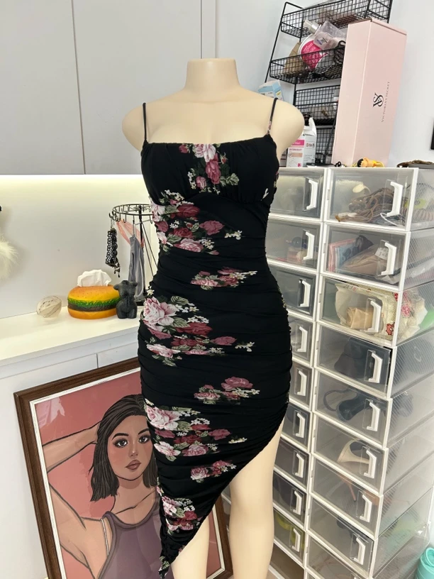 【你伍老板娘】开版碎花双层网纱自带胸垫连衣裙裙子可调节肩带