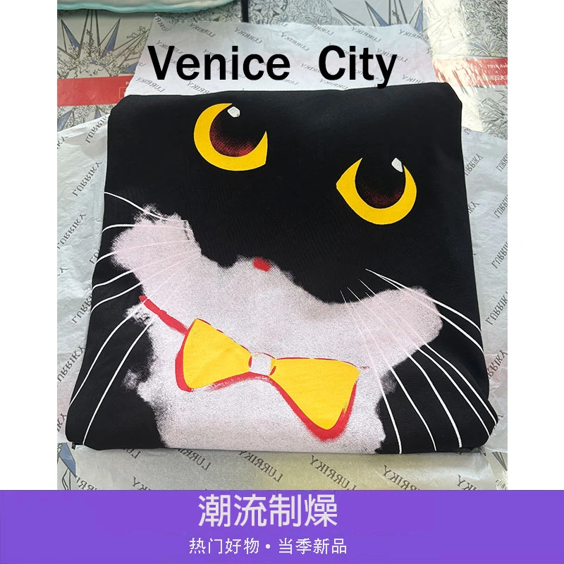 【文鹿鹿】2025新款时尚小众设计感卡通大眼猫咪百搭潮流短袖