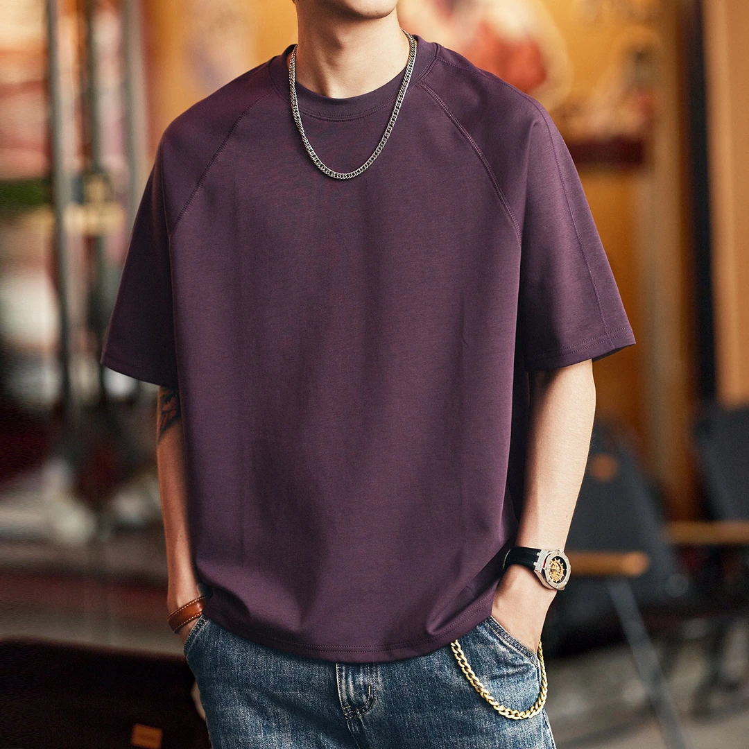 格蓝鹿美式复古潮牌落肩短袖T恤男2025夏季新款宽松潮流圆领半袖