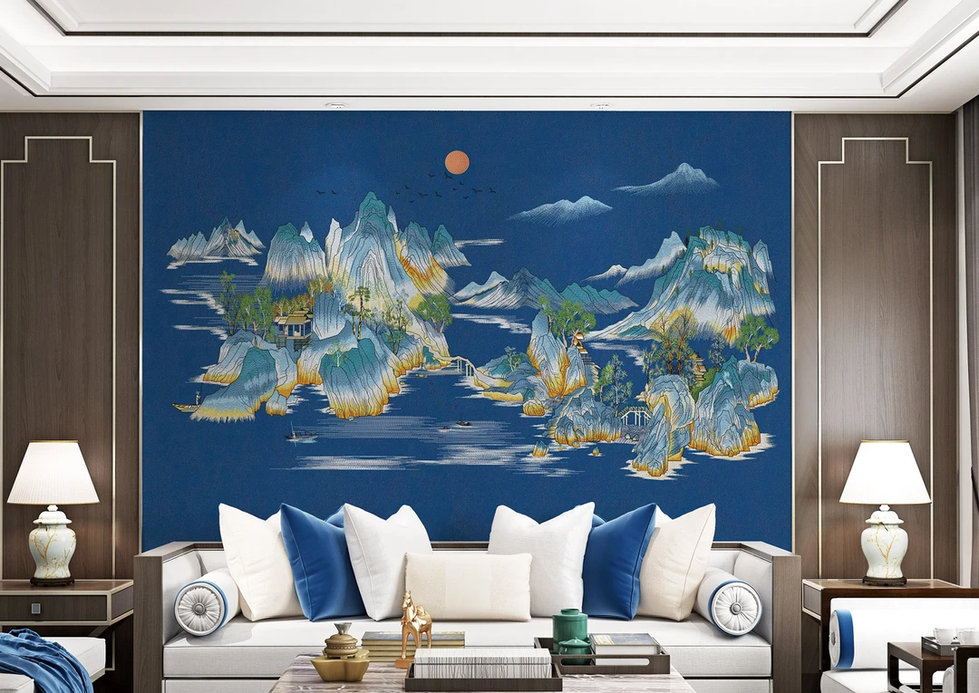 如意新中式群峰澎湃独绣刺绣背景