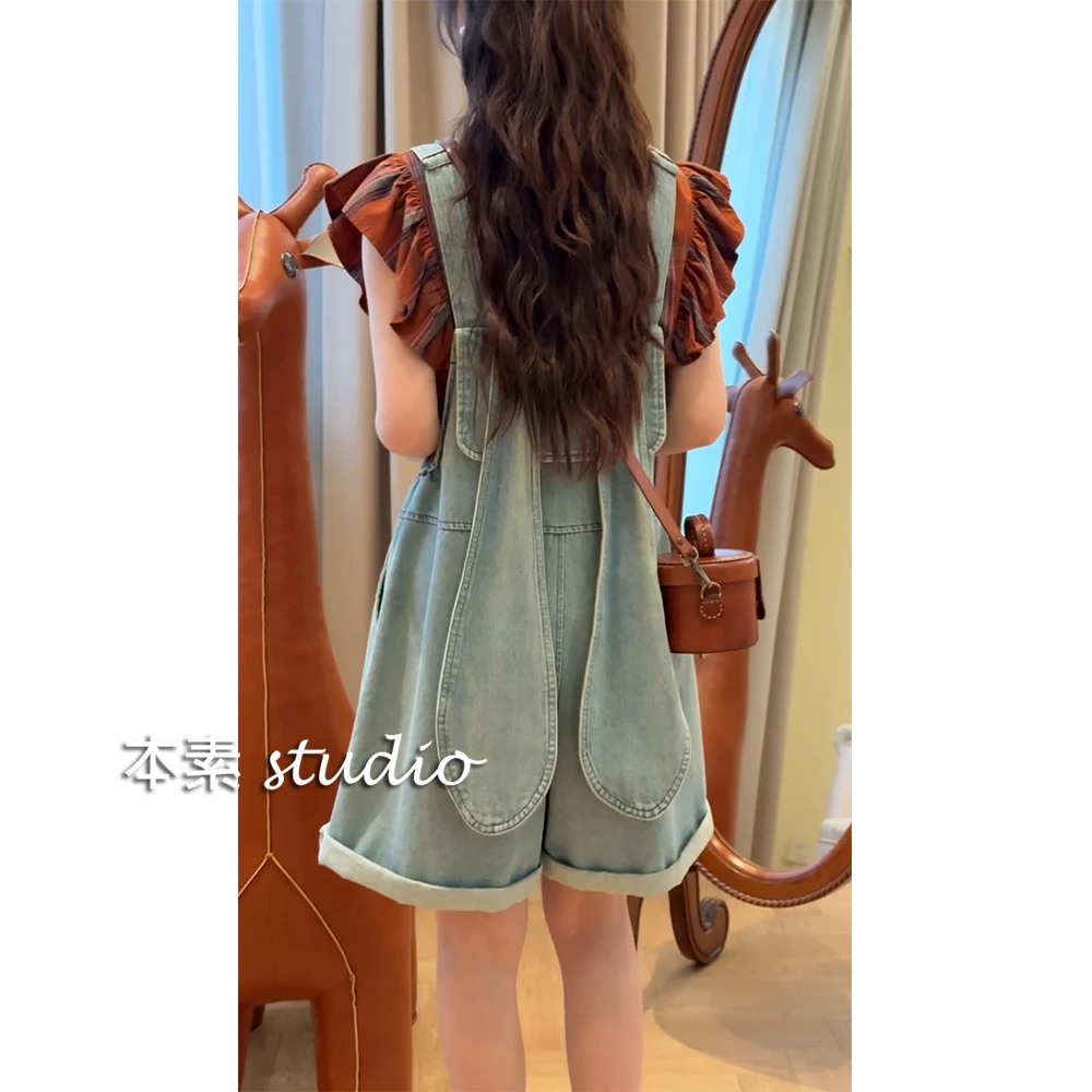 长耳朵 C0381兔耳朵腰侧松紧可调节牛仔背带裤