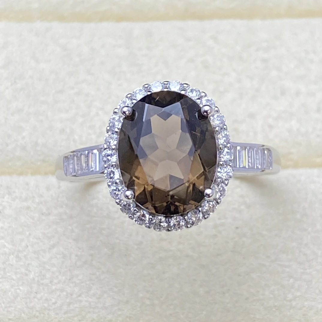 天然茶晶水晶戒指s925银8*10mm轻奢经典戴妃款精致时尚百搭A