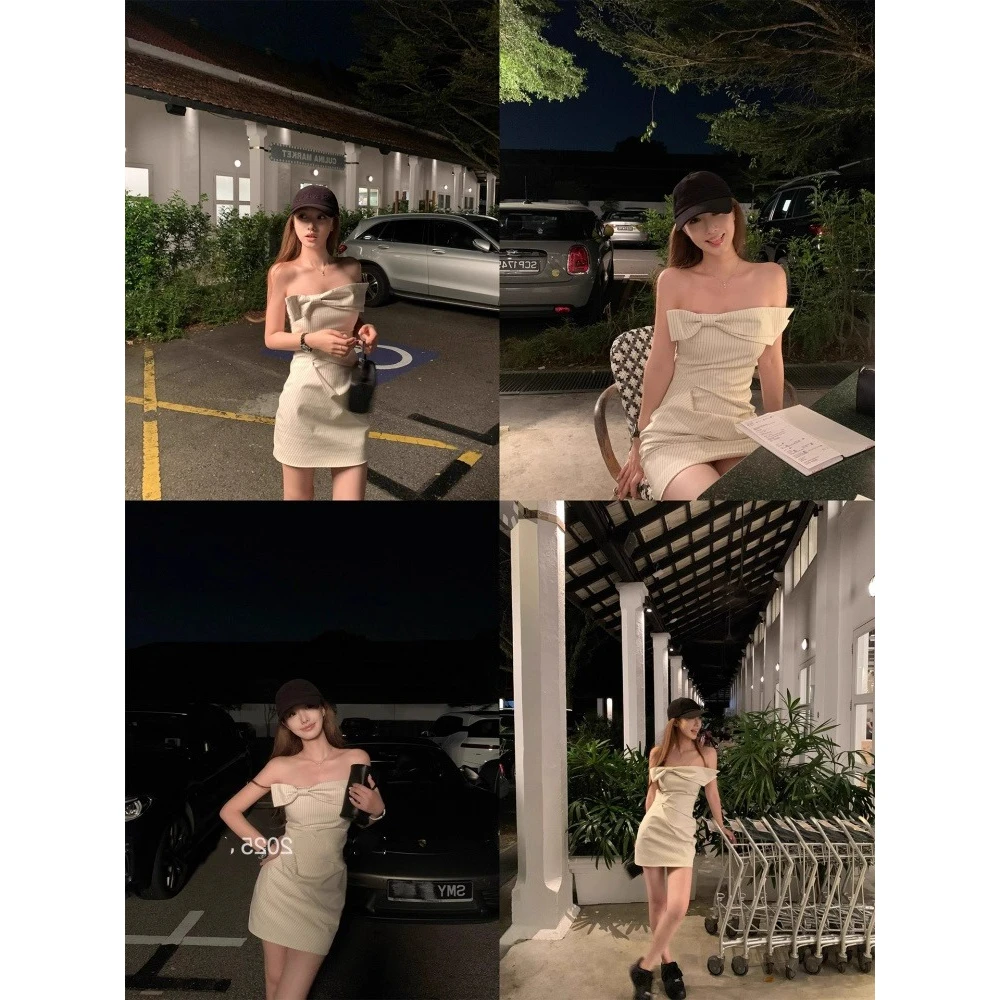 【月光少女】法式高级感甜美连衣裙女装夏季新款一字肩蝴蝶结包臀裙