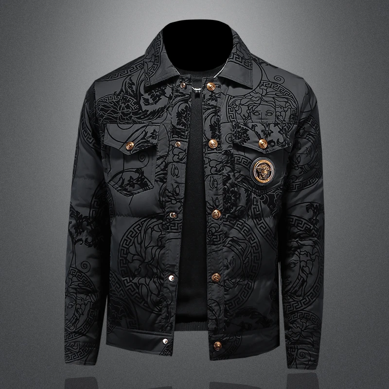 约文库费冬装潮牌暗花翻领羽绒服白鸭绒保暖外套帅气羽绒男士上衣