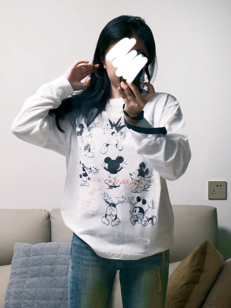 RZIYUSUN秋季新款上衣穿搭长袖圆领印花百搭女生纯棉休闲外穿上衣