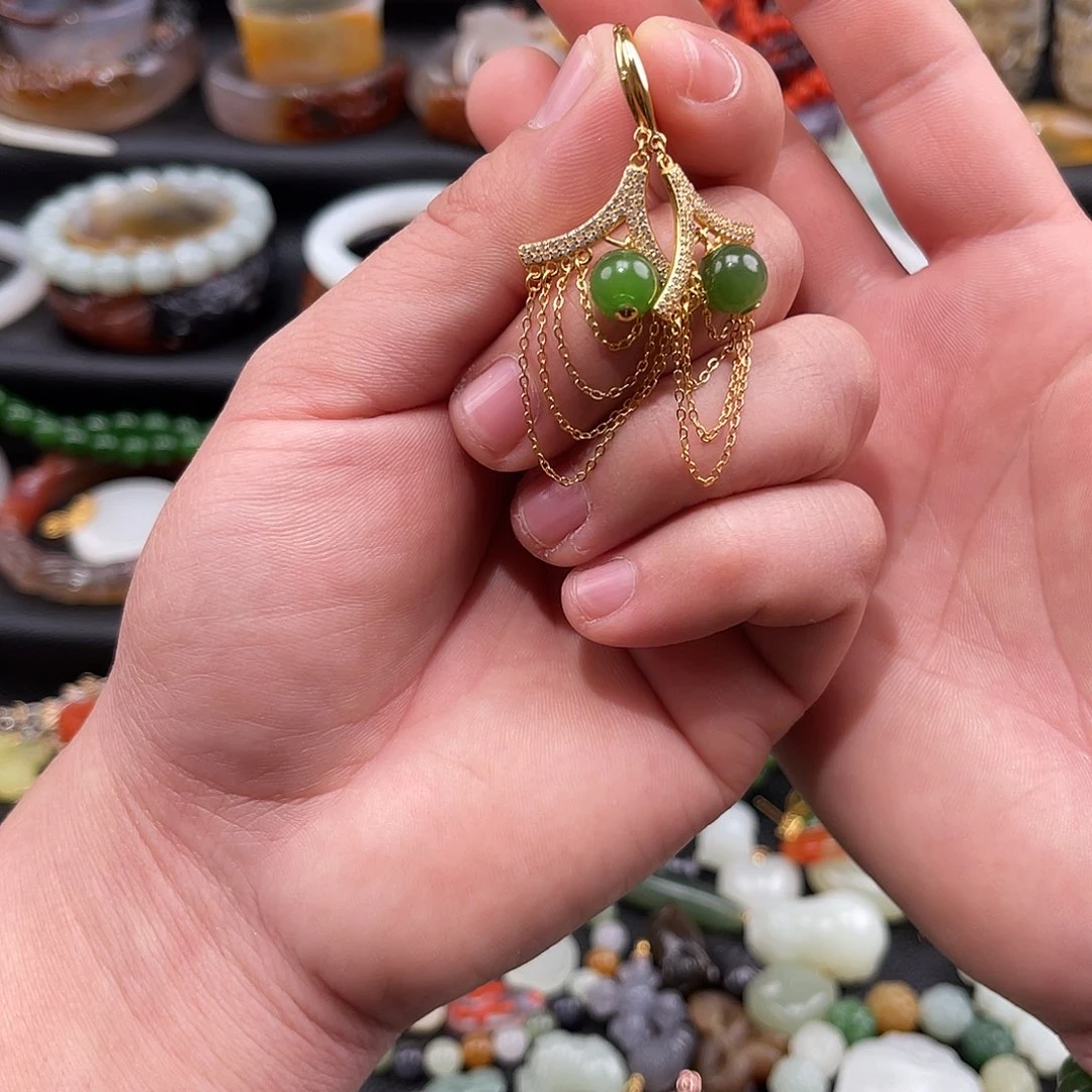 和田玉银S925镀金镶嵌耳饰