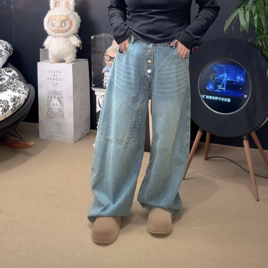 「涵涵家」设计感多纽扣宽松显瘦百搭高腰水洗牛仔裤女#810