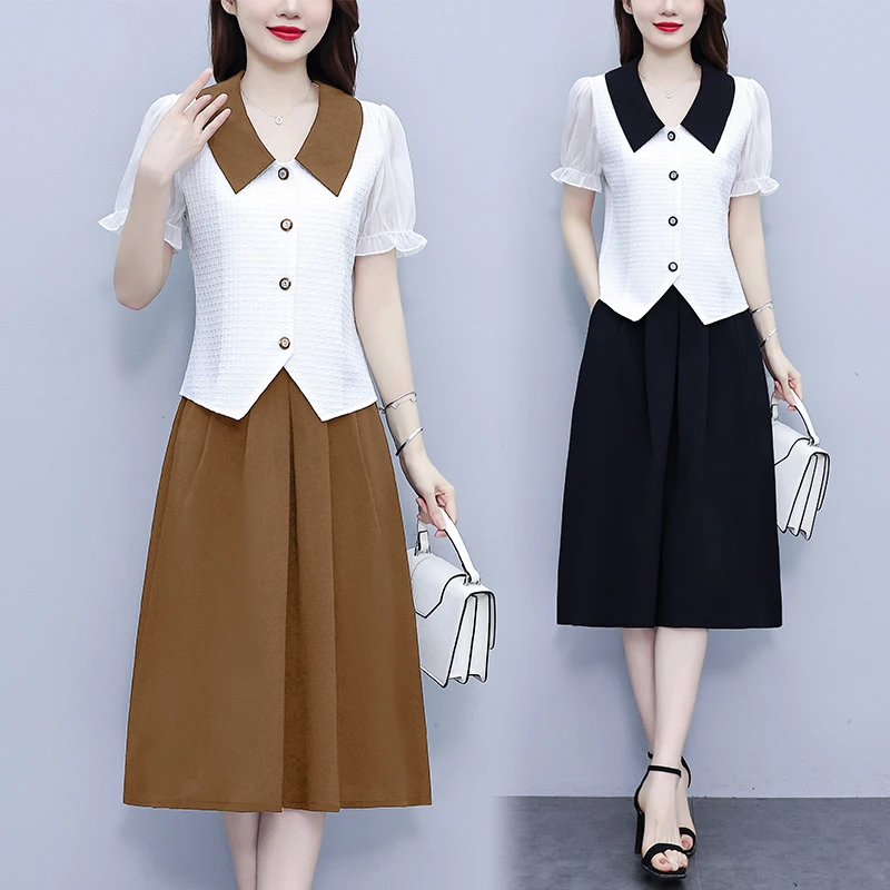 实拍大码女装2025夏季新款洋气小香风上衣+时尚减龄半身裙套装