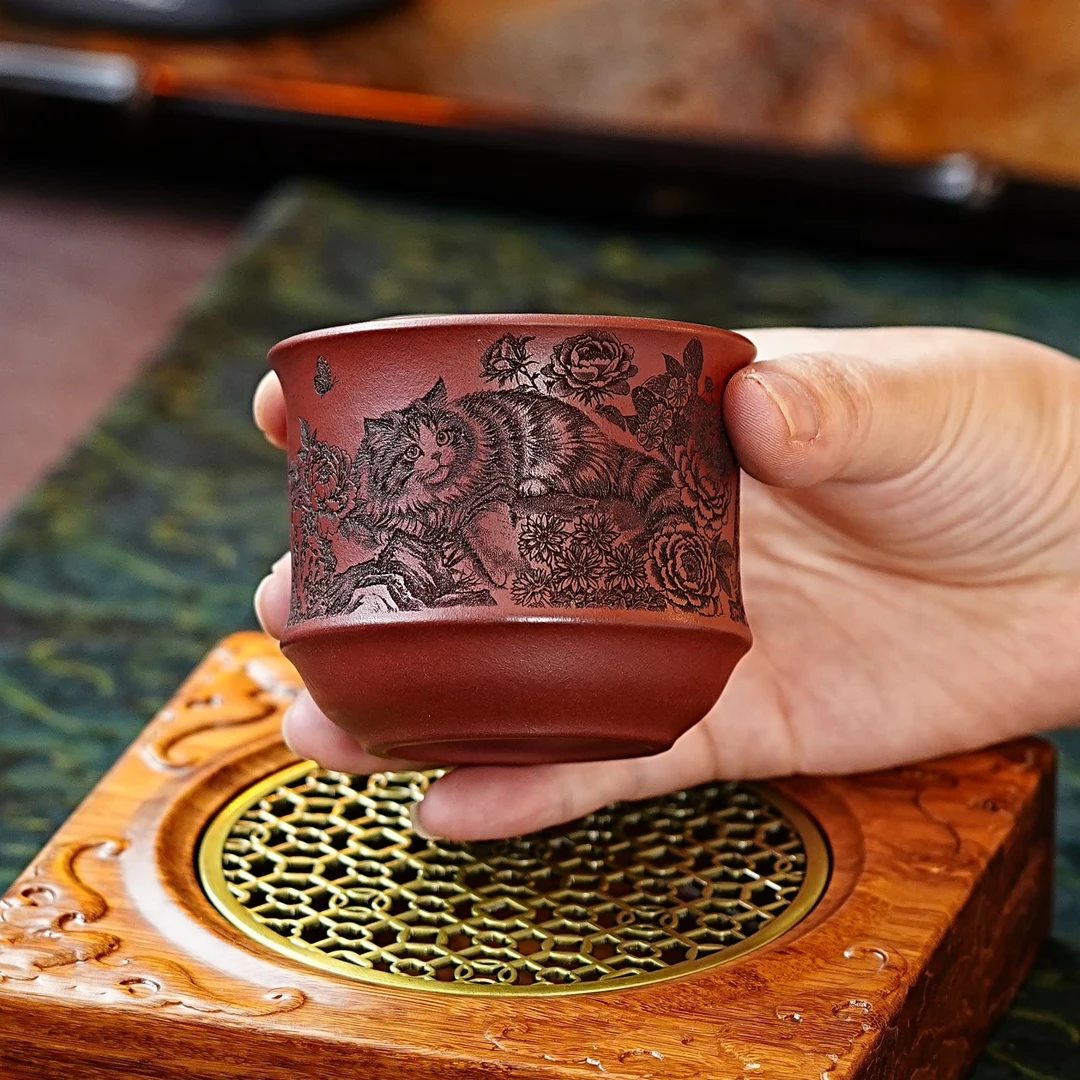 宜兴正宗紫砂龙血砂水杯猫咪耄耋杯高档茶杯茶具纯手工紫砂主人杯