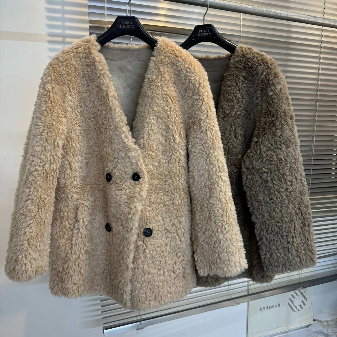 {现货直发}真羊羔毛外套女毛毛大衣冬季2024新款V领欧货皮毛一体