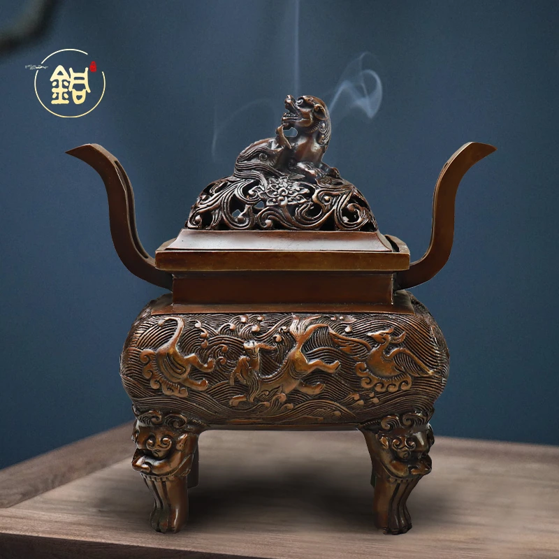 古黄铜香薰炉 朝冠耳耳四足铜香炉 家用室内摆件 塔香盘香铜香炉