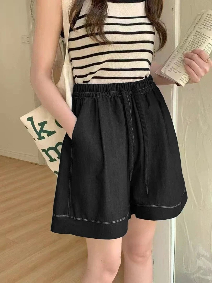 Manmi 复古水洗胶标松紧腰四分裤 6271