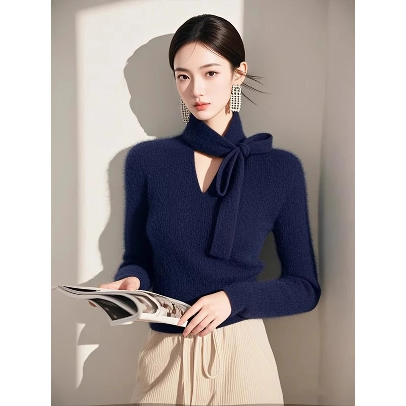 挂脖蝴蝶结毛衣女皮草内搭秋冬高级感独特别致绝美针织衫打底上衣