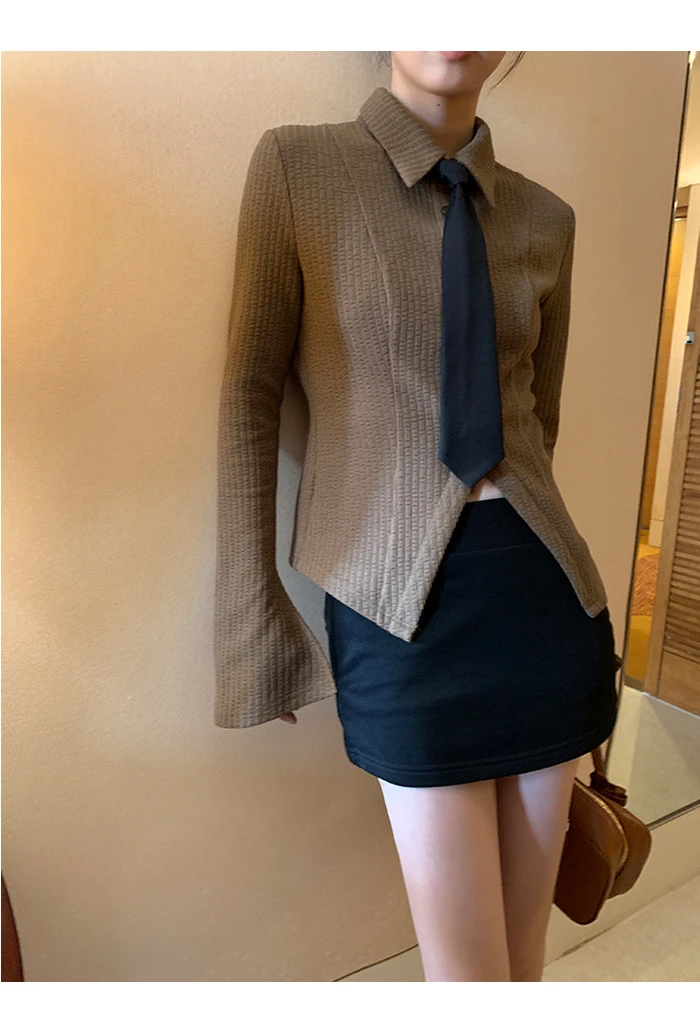 16976-2 韩版不规则长袖衬衫女秋冬衬衣修身显瘦设计感上衣