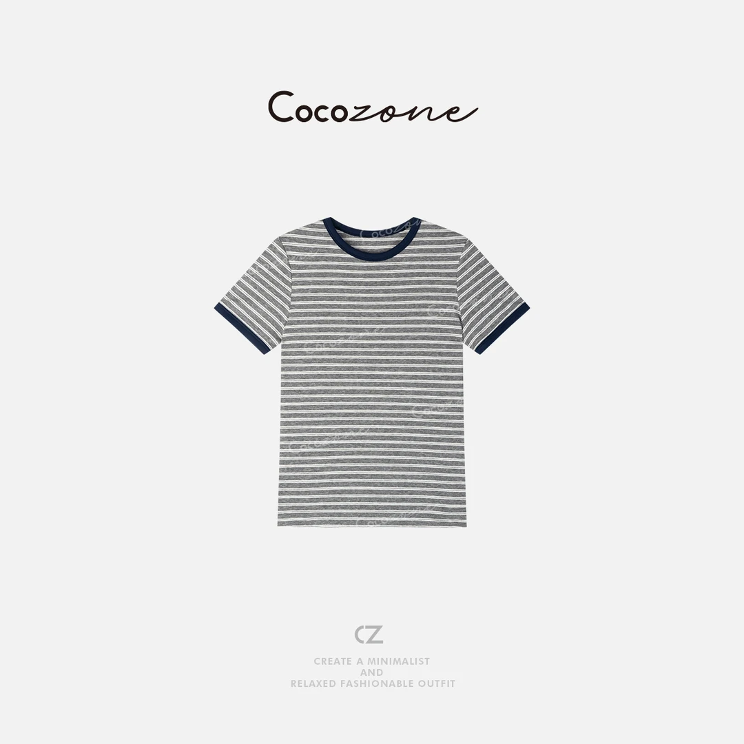 COCO ZONE 刘一一 莱塞尔绵羊毛混纺条纹显瘦短袖T恤ACD1A0061