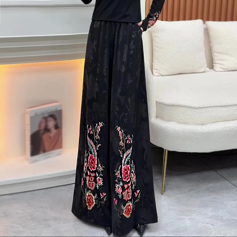 2025年春季新款新中式国风刺绣阔腿裤裙裤民族风提花缎面长裤子女