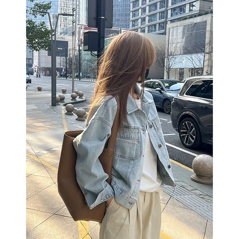 网红ins欧式水洗棉复古牛仔外套女春秋薄款韩版宽松短款长袖衬衫