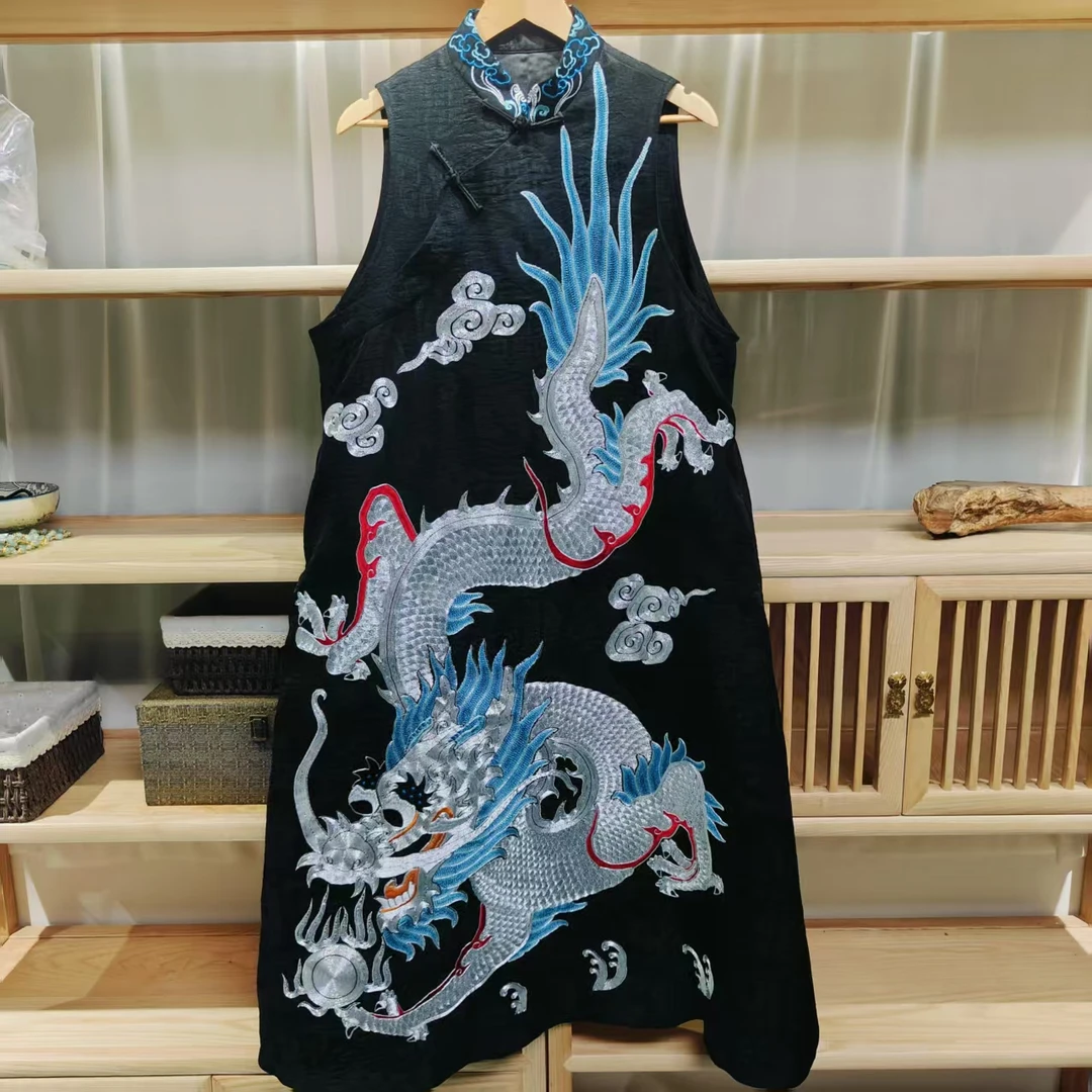 （LS223-39）凤徕兮私人定制黑色福禄底盘银龙刺绣盘扣小立领马甲