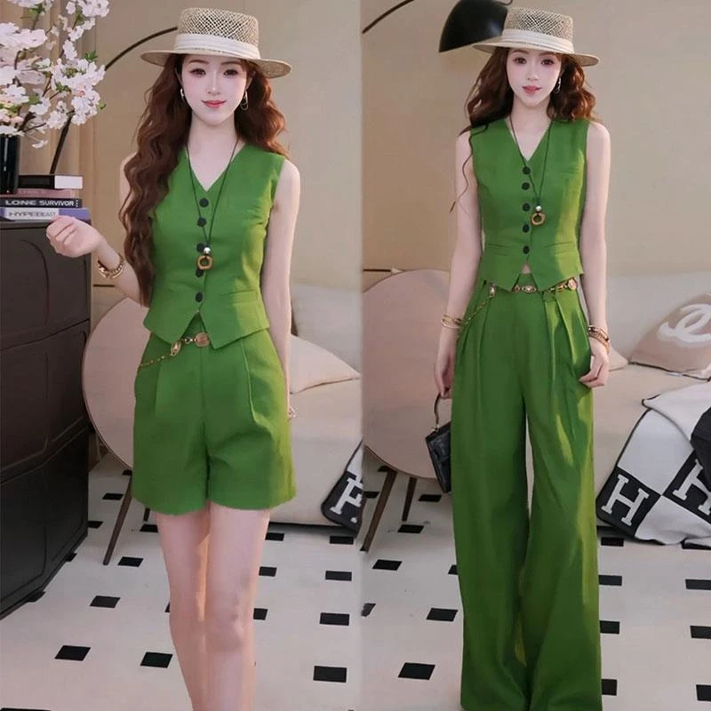 高级感气质套装女2025夏季新款V领无袖马甲上衣+显瘦阔腿裤两件套