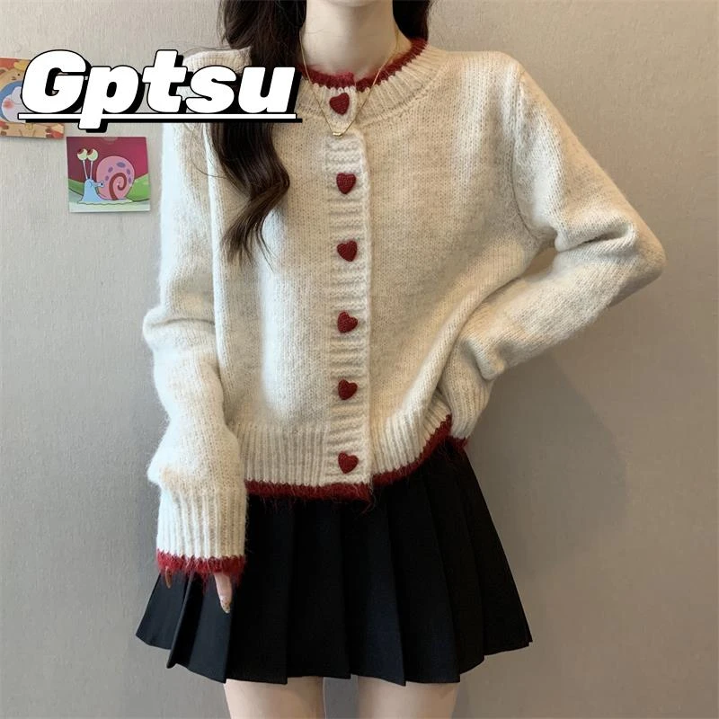 GPTSu拼色爱心钮扣毛衣开衫外套女秋冬季慵懒风宽松软糯针织上衣