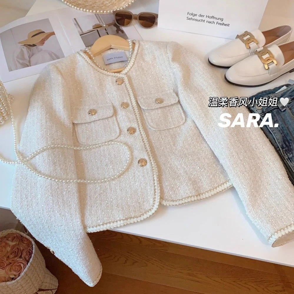 加绒内胆小香风外套女冬季新款加厚保暖粗花呢编织毛呢23521