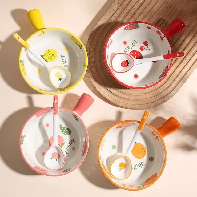可爱水果碗ins风超萌餐具儿童早餐米饭碗高颜值带手柄陶瓷碗qcf