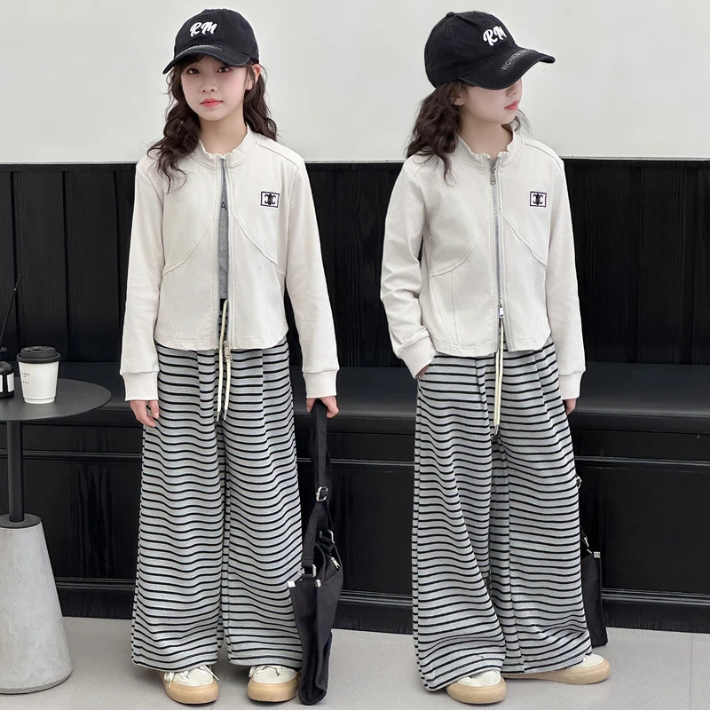 女大童春季休闲套装儿童时尚洋气开衫外套春秋装女孩条纹裤两件套