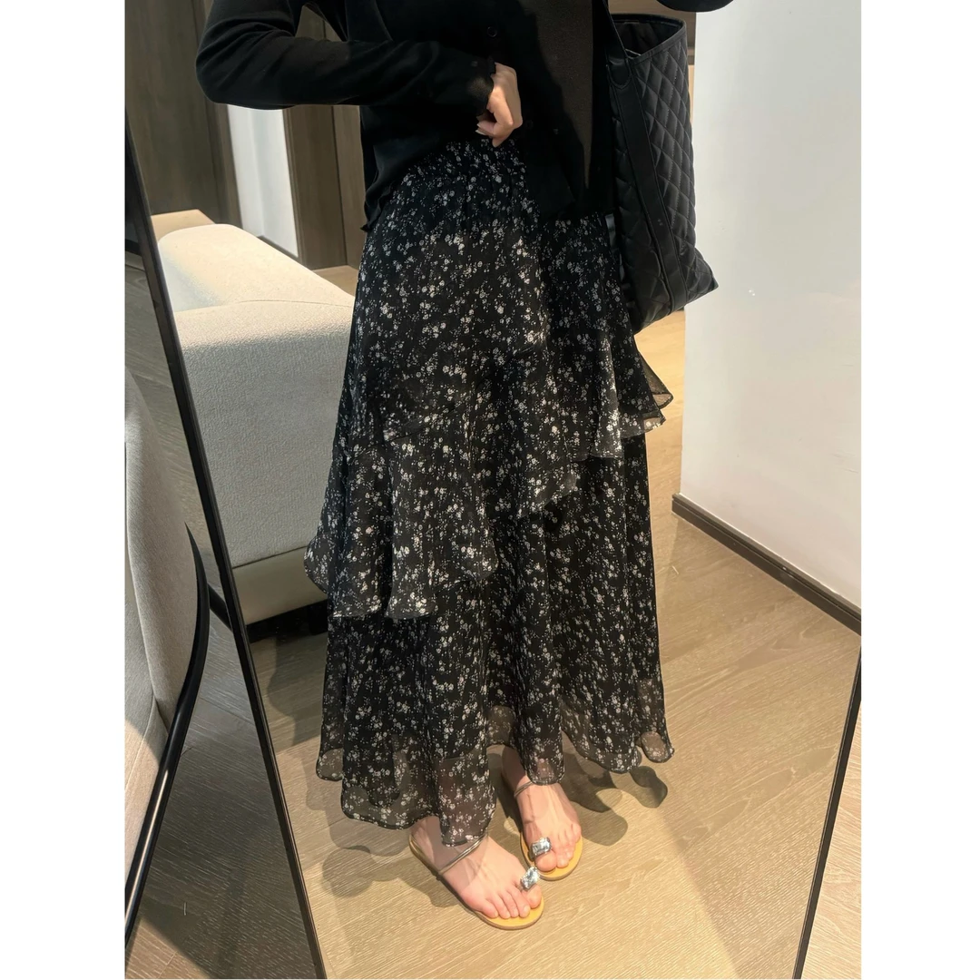 韩系复古不规则碎花半身裙女春夏新款时尚荷叶边松紧腰a字长裙