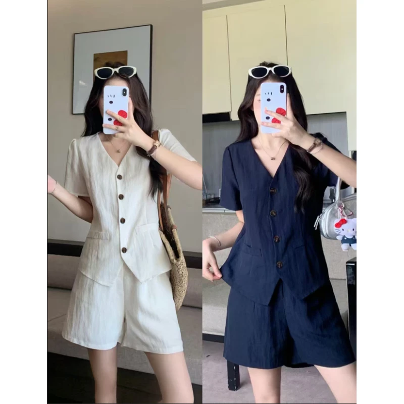 天丝亚麻时尚套装森系2025夏新短袖阔腿短裤套装老钱风松弛感女装