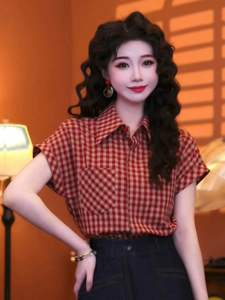 【632】红色短袖格子衬衫女夏季新款洋气港风复古设计感休闲上衣