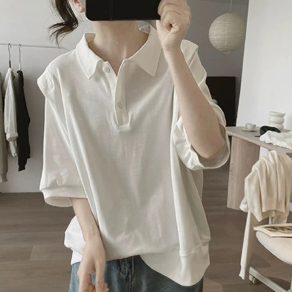 polo领减龄宽松显瘦纯棉短袖T恤夏季薄款韩系复古休闲纯色上衣女