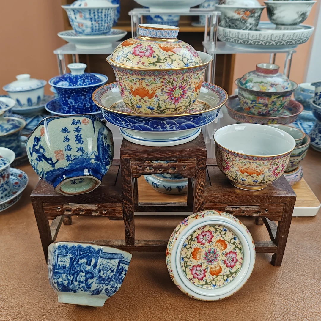 景德镇珐琅彩缠枝莲三件套+4个六方杯盖碗茶具