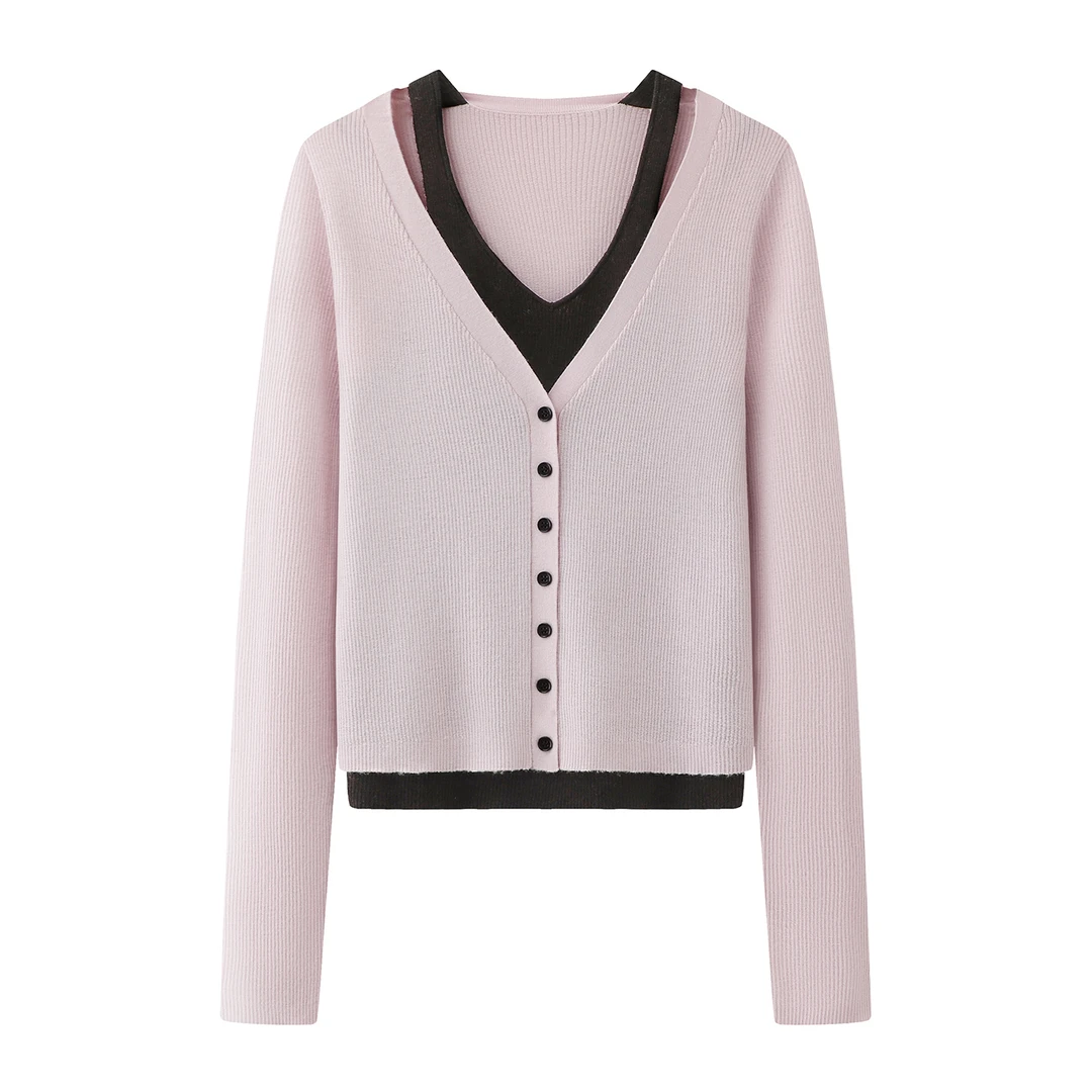 迪家同款气质假2件混纺针织衫长袖秋冬开衫毛衫显瘦67135