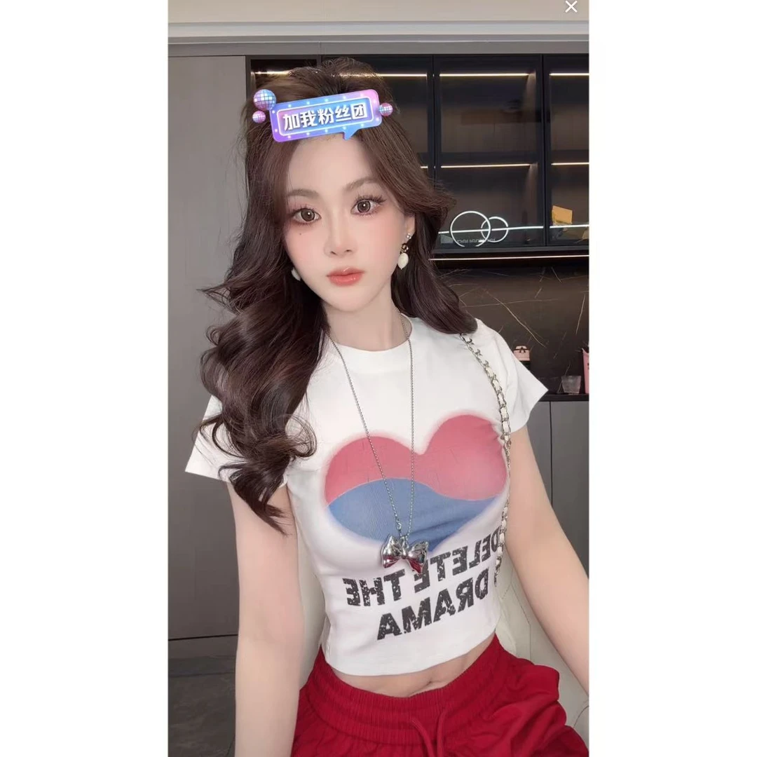 曼曼【拼色爱心~】印花辣妹短袖修身显瘦T恤