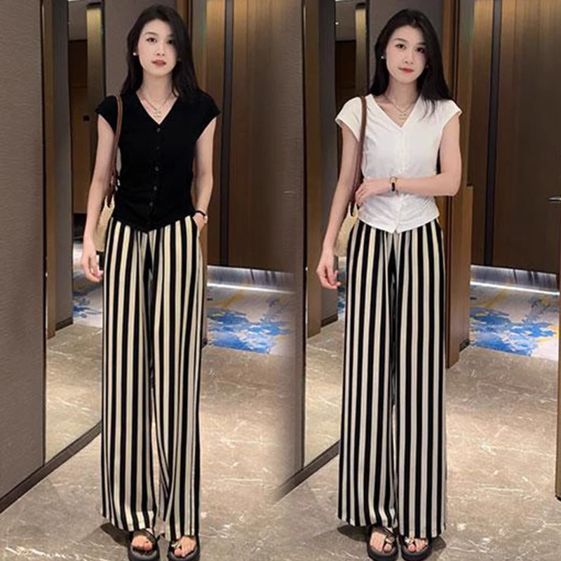 时尚套装女2025夏季新款洋气质显瘦短袖T恤高腰阔腿裤休闲两件套