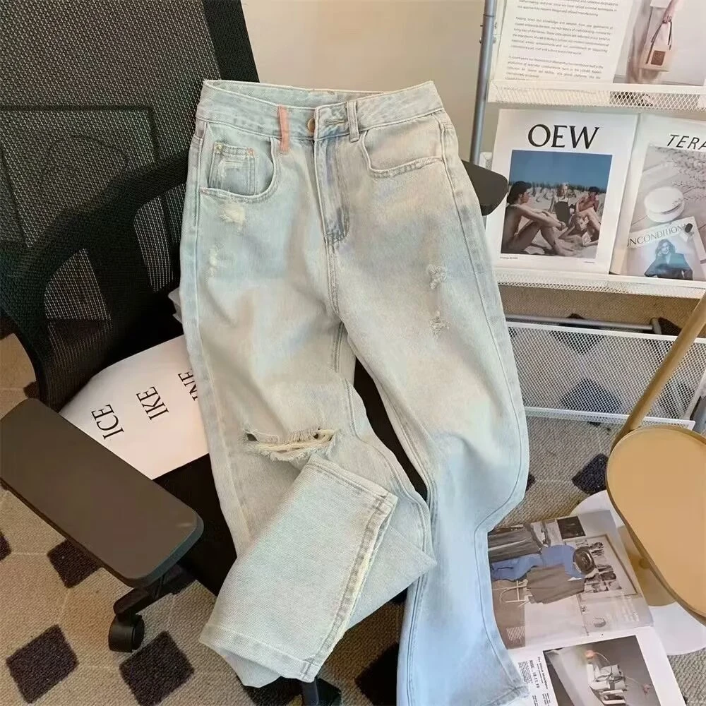 怀旧浅色薄软破洞乞丐宽松阔腿裤2025春夏直筒休闲牛仔拖地裤个性