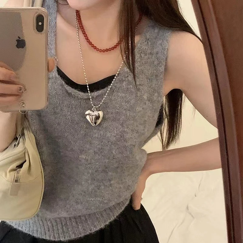 向日葵欧尼fever同款银色爱心项链女新款夏长款配饰高级配饰