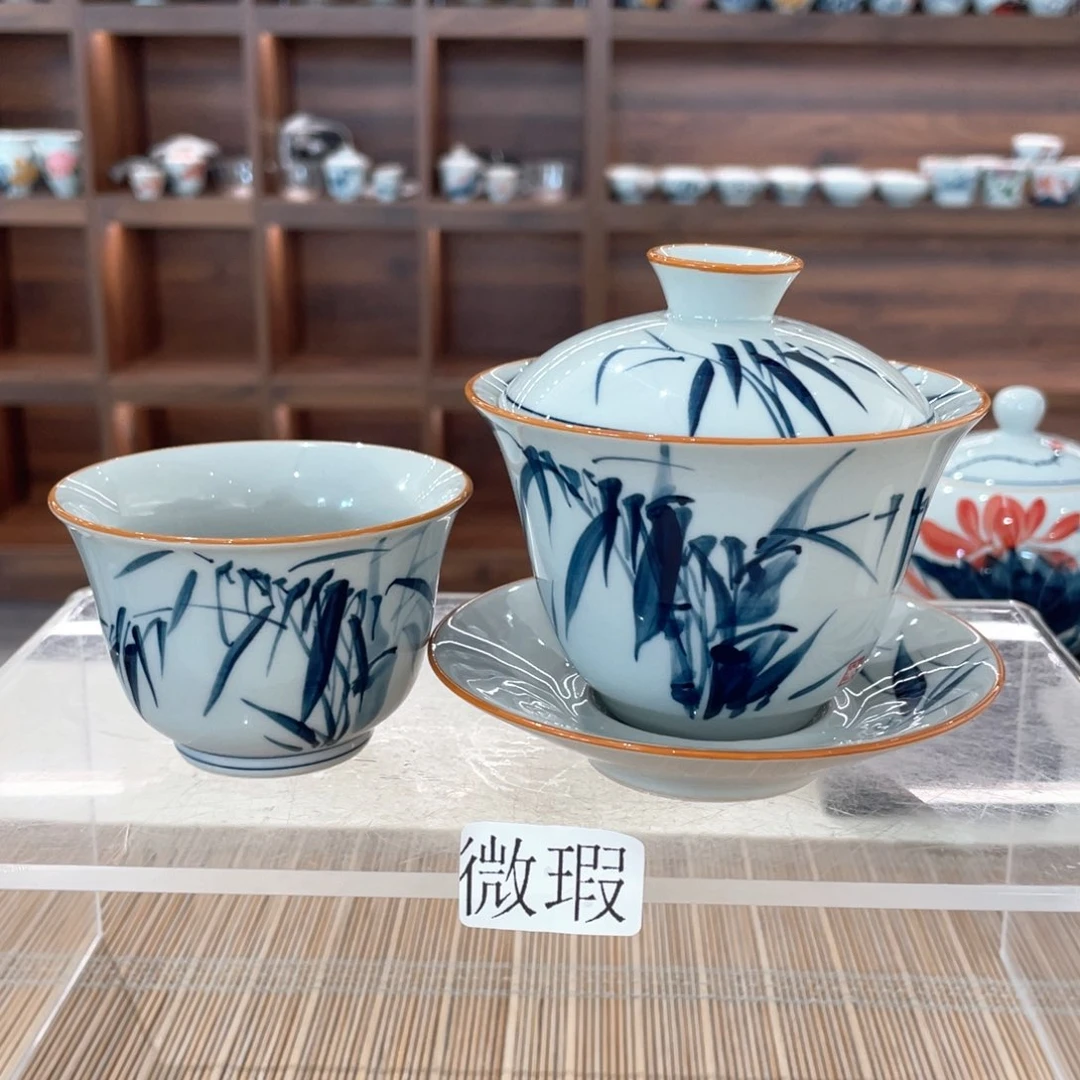 釉下手绘茶具微瑕
