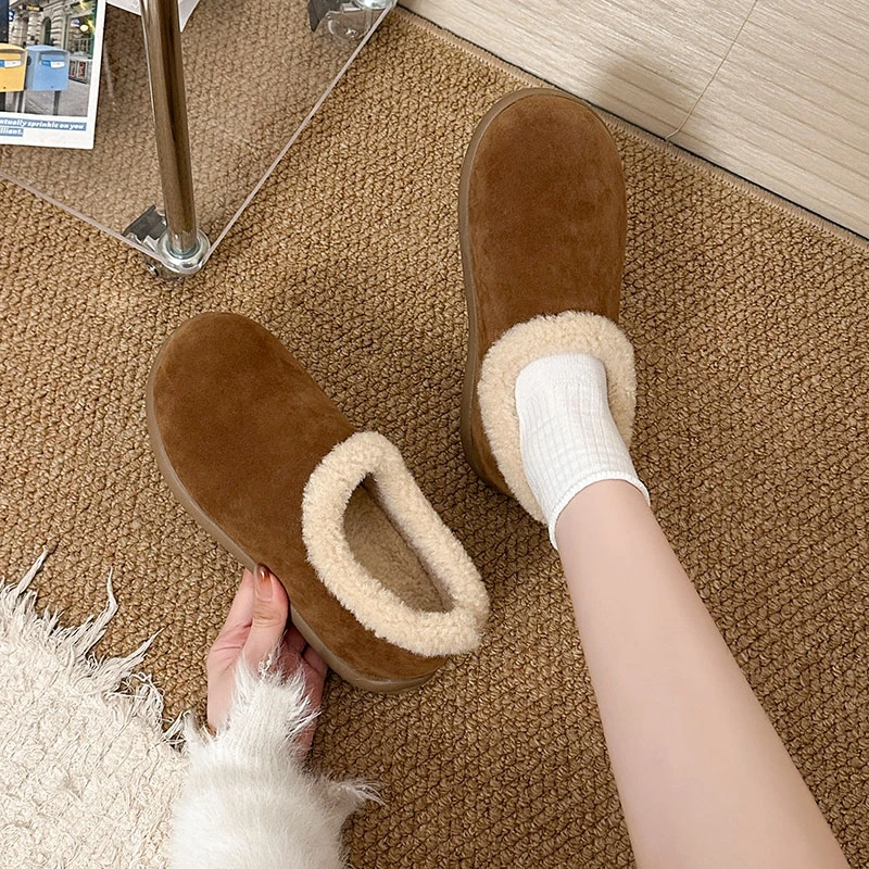 平底加绒勃肯鞋女2025新款冬季一脚蹬丑萌豆豆鞋雪地靴棉鞋毛毛鞋
