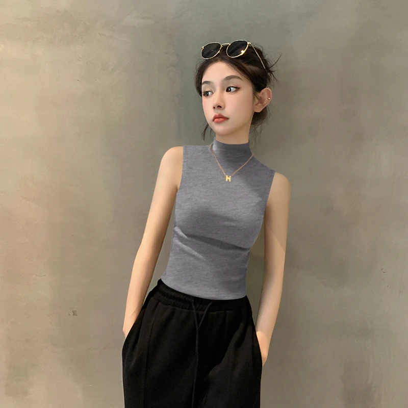 早春新款螺纹半高领背心女修身显瘦内搭无袖上衣小众设计感打底衫