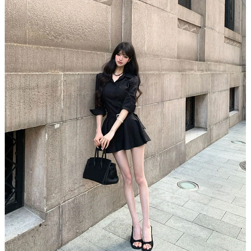 [姐感气质]收腰系带修身衬衫百褶连衣裙量莱赛尔凉感A字裙