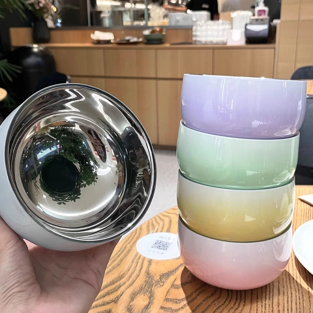 渐变色304食品级不锈钢双层防烫饭碗
