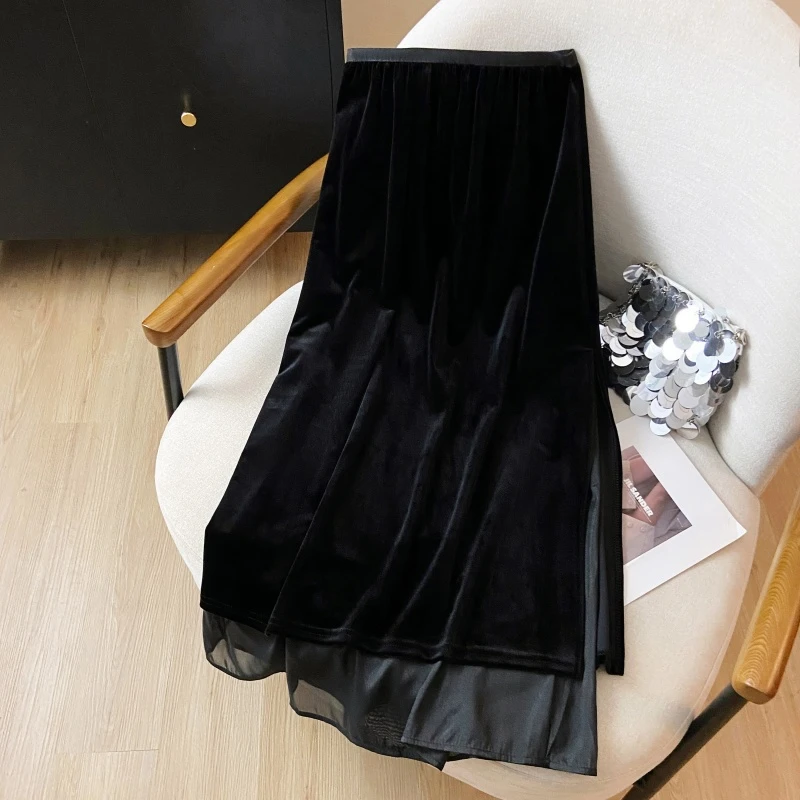 复古丝绒裙拼接网纱半身裙女2025秋装新款百搭显瘦气质开叉A字裙