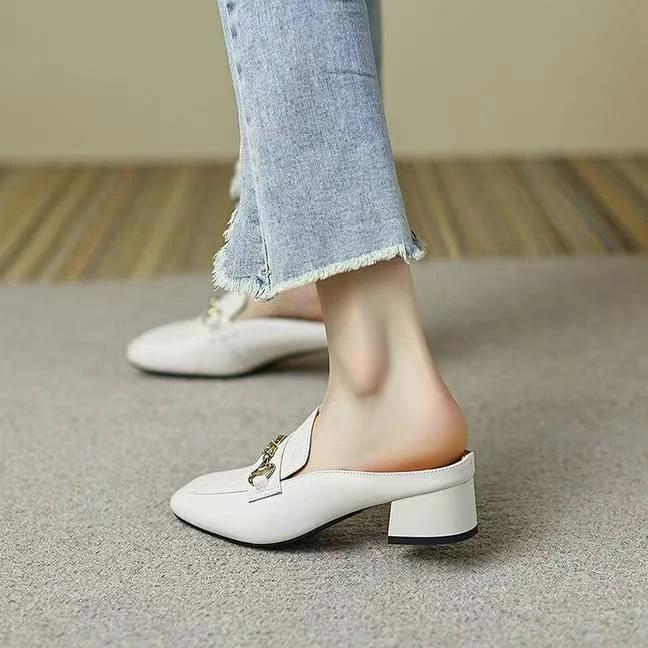 【白月光】包头半拖鞋女软底里外全皮4cm夏季新款百搭包头拖单鞋女