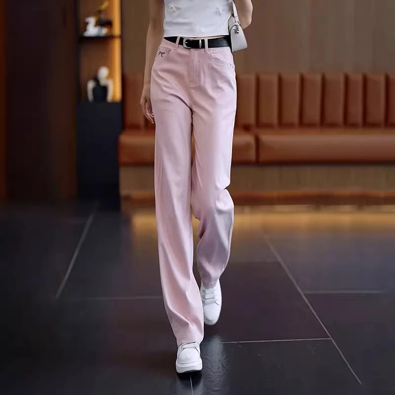 直筒天丝牛仔裤女春夏季薄款2025新款高腰宽松窄版冰丝粉色阔腿裤