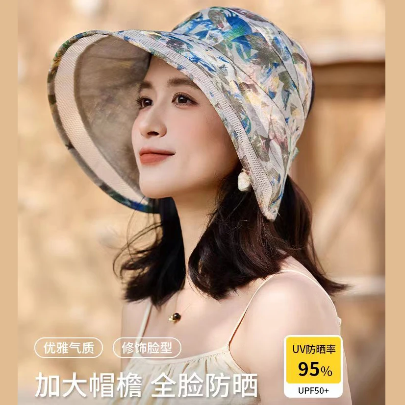 新款夏季女透气骑车防风空顶大檐遮阳帽国风优雅户外防晒太阳帽