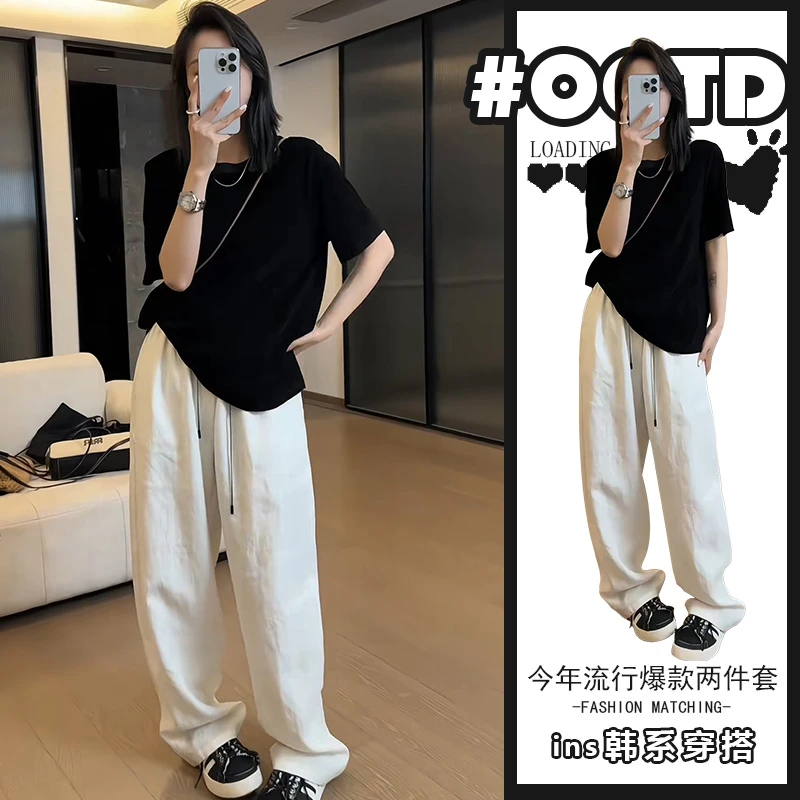 洋气炸街套装女夏季新款黑色宽松显瘦上衣+高腰休闲裤盐系两件套