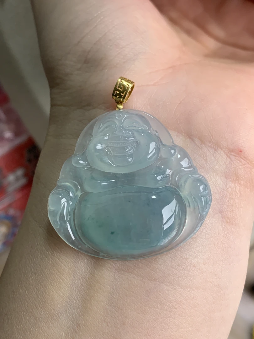 41天然缅甸翡翠A货冰种底色飘花大佛公吊坠尺寸32.2*34.5*6气质